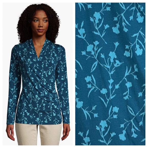 Lands End Faux Wrap Shirt Top Sz 1X 16W 18W Teal Blue Floral Romantic Stretch - Picture 1 of 6